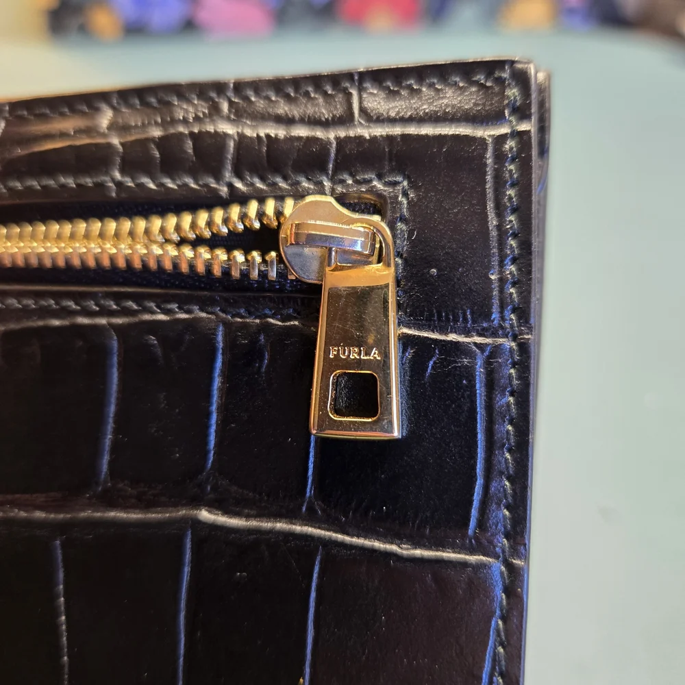 FURLA Lady M Black Croc-Embossed Compact Wallet